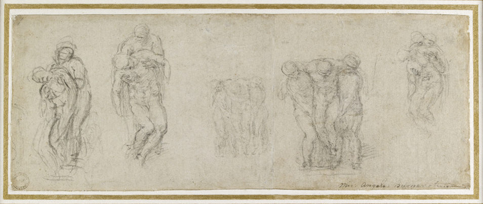 Drawing. Five pairs or trios of people are sketched in black chalk on off-white paper. Each captures a different configuration of one or two people holding up the slumped body of another.