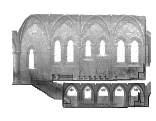 Digital image. Software-generated, greyscale rendering shows the elevation of a chapel over a crypt.