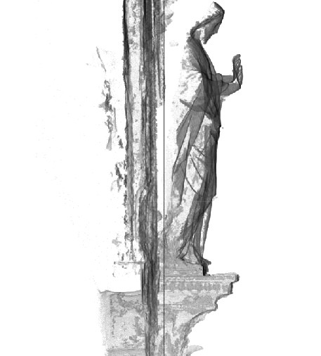 Digital image. Software-generated detail showing a full-length statue of Jesus Christ on the choir screen. We see Jesus in profile, as he looks down and holds both hands up, palm out.