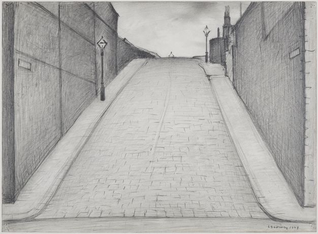 Drawing. A steep, stone-paved hill rises sharply in front of us, coming three-quarters of the way up the composition. Streetlights are widely spaced on the pavements to each side, which are narrow against the tall walls that enclose the hill. The street is deserted.