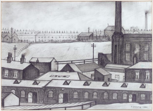Drawing. Rows and peaks of rooflines fill the bottom half of this composition. Long buildings spanning the horizon resemble factories or a prison.