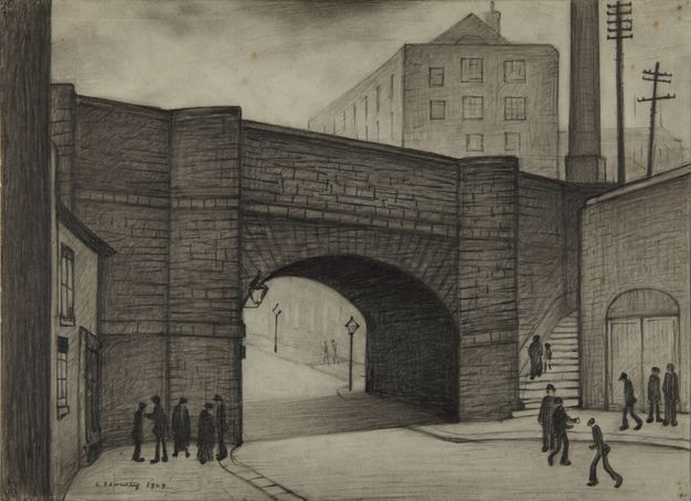 Drawing. A stone underpass with an arched opening connects two sides of a sloping, building-lined street. About a dozen people are black silhouettes on the pavements or in the streets.
