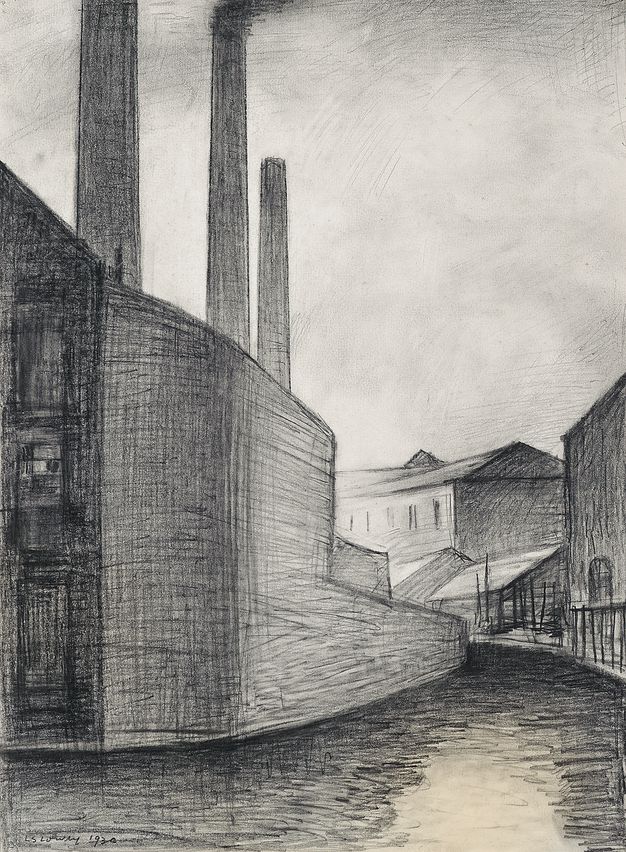 Drawing. The smooth side of an L-shaped building with three smokestacks is shown from a canal. Buildings line the opposite bank as well.
