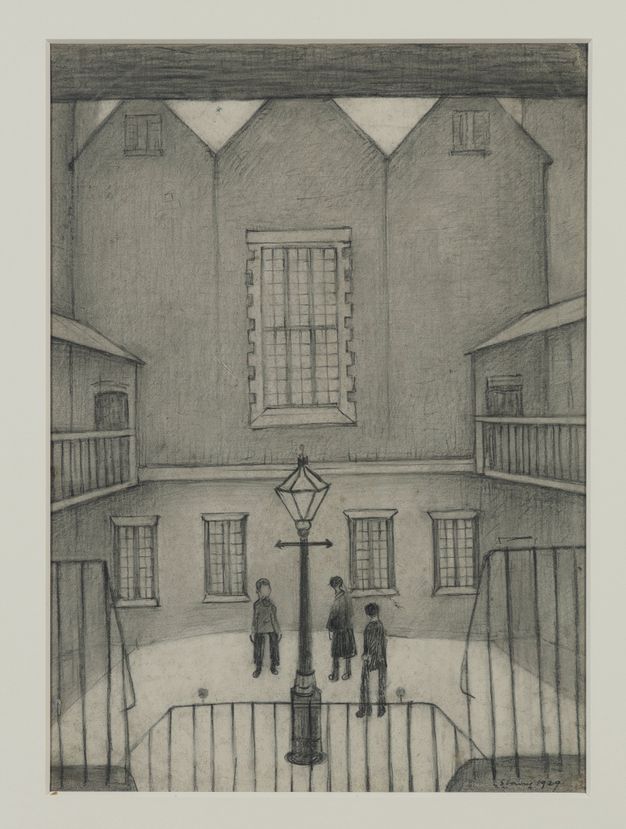 Drawing. We look down at three people milling about a cramped courtyard with a streetlight at its centre. Iron railings in front of us suggest stairs descending to the courtyard. The three-peaked building across from us extends off the top edge of the paper.