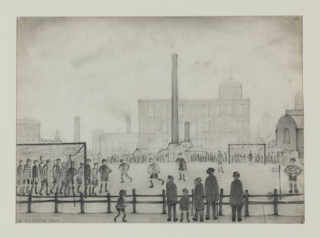 Drawing. Football players face off in a field that stretches before a complex of buildings in the distance. Several smokestacks rise against the blank sky. Four adults and two children watch the game from our side of a fence delineating the edge of the field.
