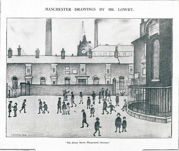 Illustration of a drawing. About two dozen children, mostly silhouetted in black, stand or walk around a courtyard hemmed along the back by a long building. Smokestacks and a clock tower rise above its roofline. Text at the top reads, “Manchester Drawings by Mr. Lowry.”
