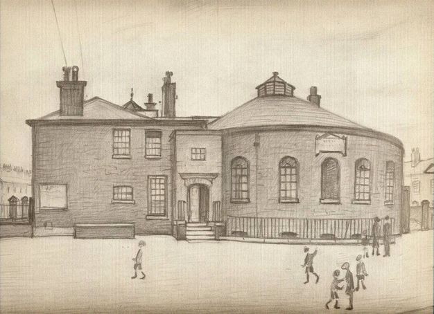 Drawing. A building comprises a blocky form to our left and a rounded room like an oversized turret to our right. Two adults and six children walk or stand in the street in front.