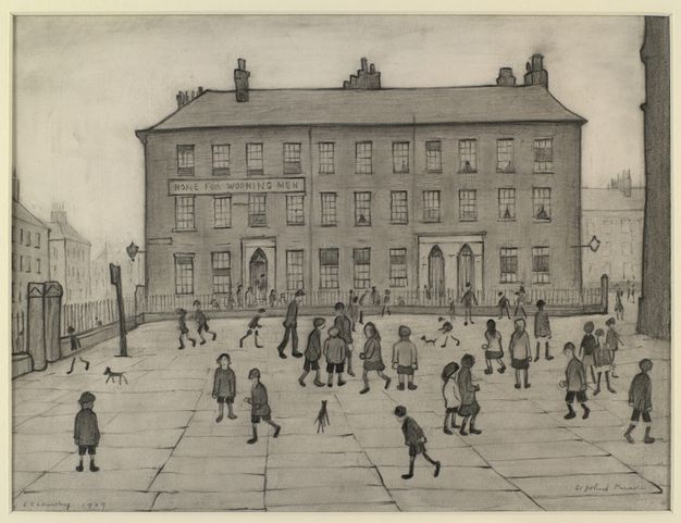 Drawing. Children and a few dogs stand and walk in a paved courtyard in front of a three-storey building identified as “Home for Working Men”.