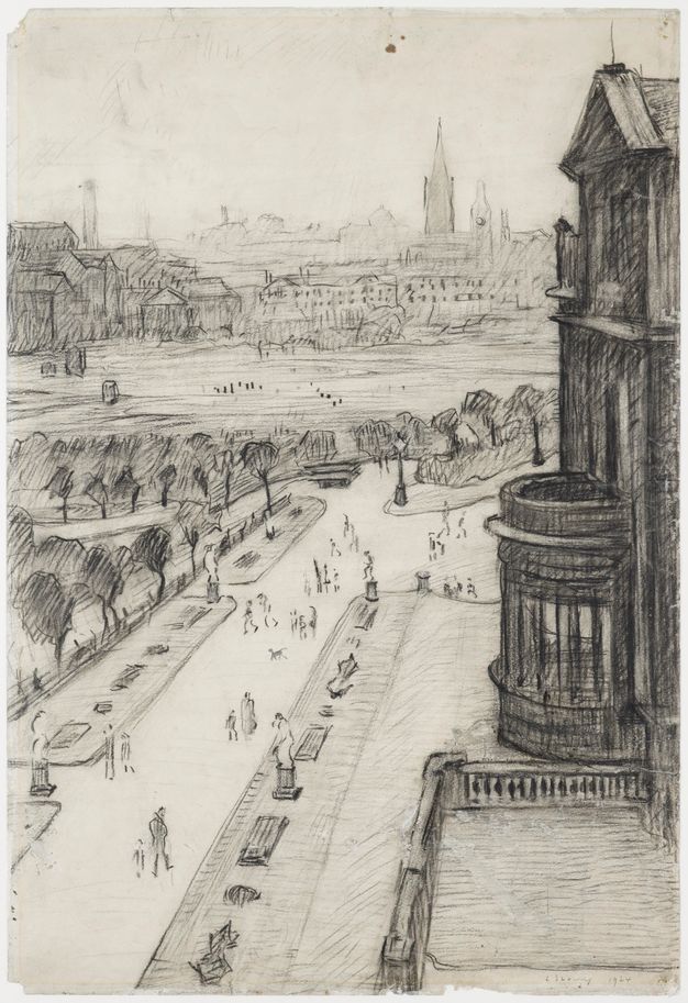 Drawing. From a high vantage point we look down and across a tree-lined street punctuated with sculptures to a field, and then layer upon layer of buildings, mostly in silhouette. A dark building with a round projecting bay rises along the right edge of the sheet.