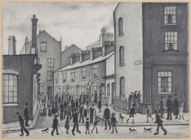 Drawing. Dozens of people and a few dogs walk or stand in and around a T-intersection of two streets.