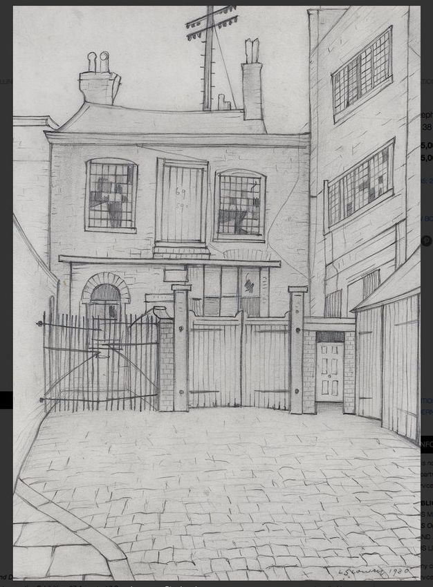 Drawing. A building with broken windowpanes and a sagging roof is behind a pair of gates, one iron, one wood, and a door. Other buildings extend off to our left or line the street coming towards us to our right.