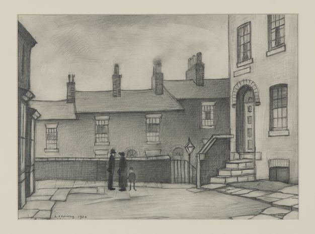 Drawing. A man, woman, and child stand near a wall enclosing the space between two row houses or shop fronts. Beyond the wall are more row houses with stepped roofs, suggesting they follow the incline of a hill.