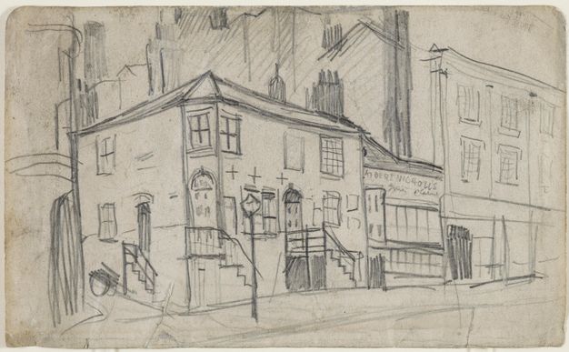 Drawing. A row of buildings moving away from us and to our right includes townhouses, a shop front under a sign reading “Albert Nicholls”, and a stately building that towers over its two-storey neighbour and extends off the page.
