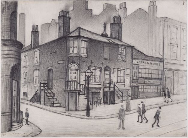Drawing. A row of buildings moving away from us and to our right includes townhouses, a shop front under a sign reading “Albert Nicholls”, and a stately building that towers over its two-storey neighbour. Several people walk along the intersection in front of us.