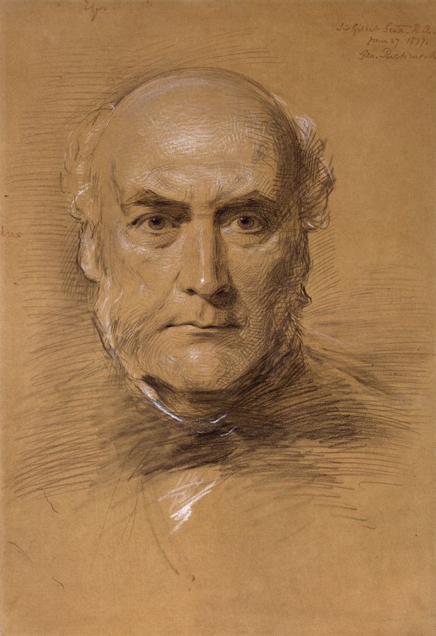 Drawing. A balding man, Sir George Gilbert Scott, looks off to our right under peaked brows, his mouth set in an uneven line. There are tufts of white hair to each side of his head and mutton chops lining his square jaw. The portrait is drawn with black and white chalk, using the tan of the paper as the midtones.