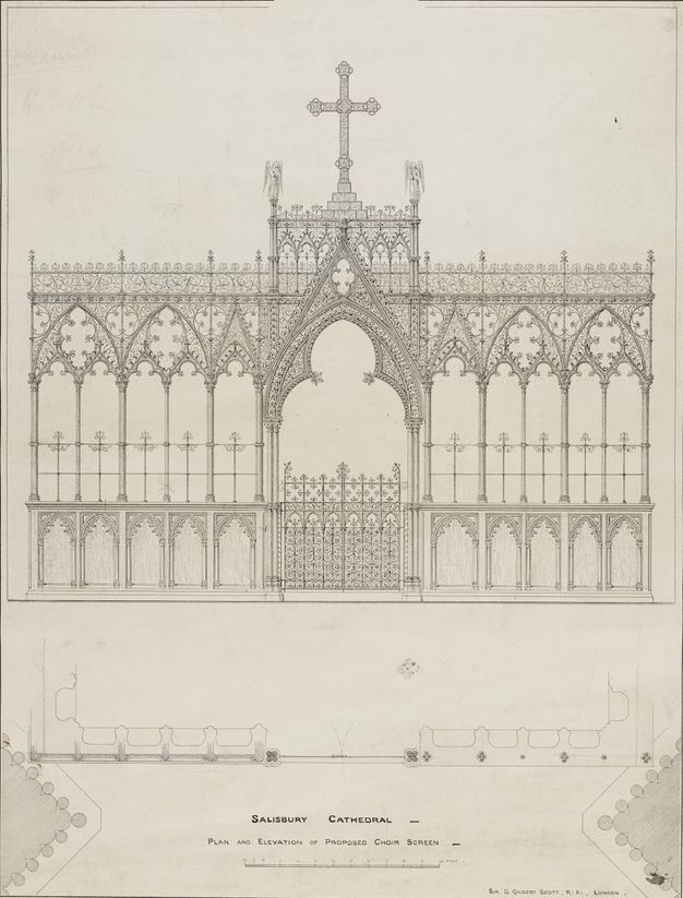 Drawing. A precise, very detailed drawing shows the gate of a choir screen flanked by five three-lobed aches to each side. A cross rises above the central gate, which is wider and taller than the others.
