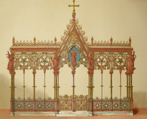 Illustration. Set against a blank background, a choir screen has five bays, each under a pointed arch. Each arch is then bisected by a spindly column. The central bay is the widest and tallest, and a person stands at its apex. Intricate tracery encrusts the upper edges of the screen and fills in the arches. Panels across the bottom are also made with intricately patterned tracery. Most surfaces are gold, and there are also touches of muted red, warm yellow, and earthy green.