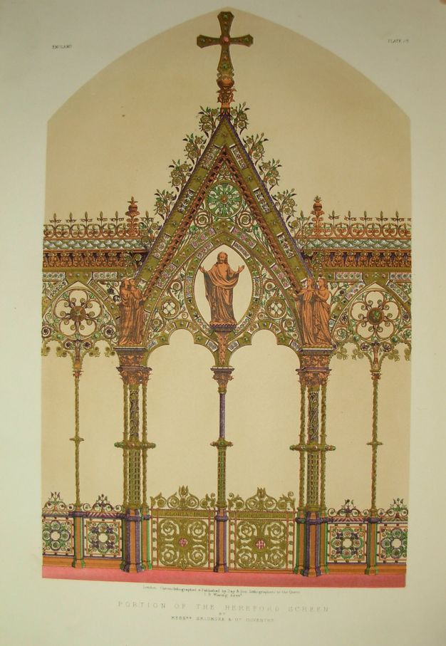 Illustration. The central section of a choir screen has sculptural groups spaced across the triangular tympanum. A man, Jesus Christ, at the centre holds up both hands. Two pairs of angels look from the outer corners of the tympanum, which is filled with intricate tracery in muted red, pink, blue, and green.