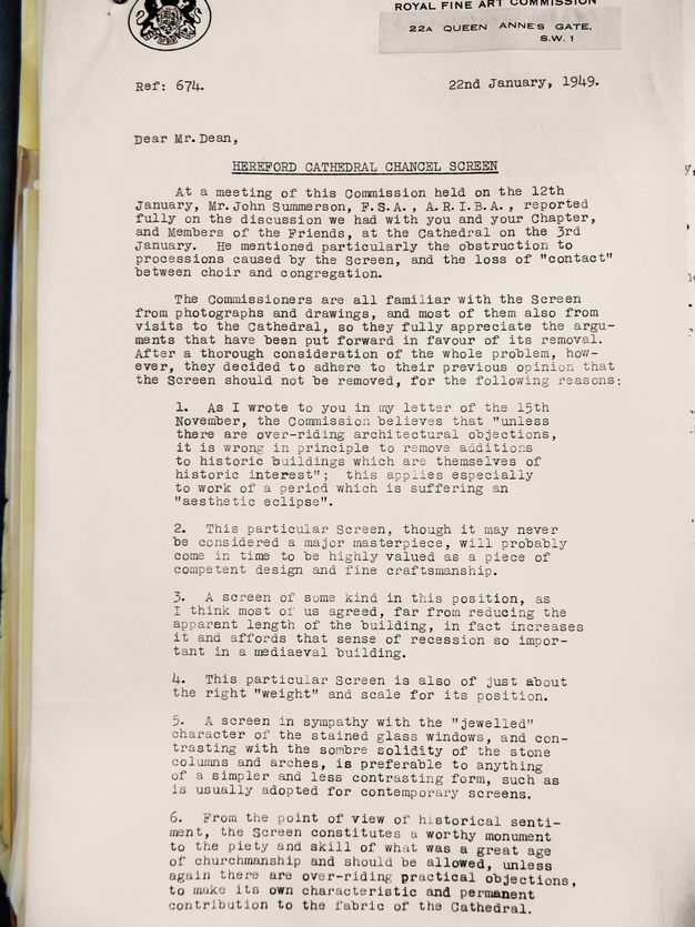 Typewritten letter. The first of a two-page letter reads, “Dear Mr. Dean, Hereford Cathedral Chancel Screen”. A summary of a meeting the Fine Art Commission and the Dean on 12th January is followed by the Commission’s reasoning for not allowing the screen to be removed.