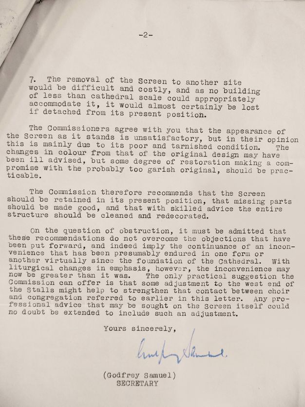Typewritten letter. The second of a two-page letter makes recommendations to clean and restore a chancel screen rather than remove it. The letter is signed “(Godfrey Samuel) Secretary”.