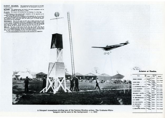 Black and white photograph. A monoplane flies low to the ground near a tower-like pylon. Two people hold up a ladder the same height as the pylon. A ball hovers over it. Other people walk or stand on the grass below. Text below reads, “A Nieuport monoplane circling one of the famous Hendon pylons. The Grahame-White hangers can be seen in the background. -- circa 1912”.