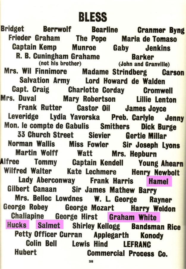 Page of a book. The page is headed “Bless” in all caps. Seventy-eight entries are mostly names, but a few stand out, like “Salvation Army”, “33 Church Street”, and “Castor Oil”. Each row of names is centred on the page so the justification looks a little chaotic. Four names are highlighted in purple: “Hamel”, “Graham White”, “Hucks”, “Salmet”.