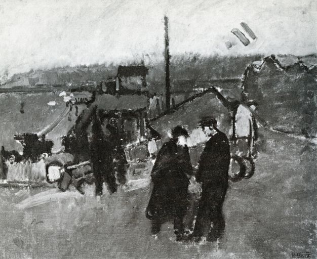 Painting. Black and white image of a loosely painted scene showing two people standing in front of an early airplane.