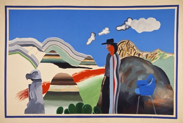 Painting. Abstracted forms, patterns, and areas of flat colour create two people standing in a landscape. A grey carved eagle is to our left, and the people are right of centre. The man wears a flat-topped black hat, grey and black clothing, and has medium brown skin. Another person in front has a crimson-red oval where the face would be with a suggestion of black hair. The garment is vertically striped in pale blue, red, pale grey, and dark grey.
