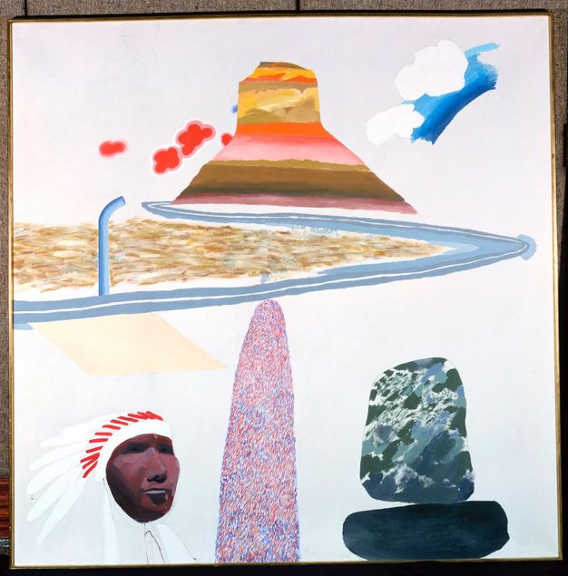 Painting. A striped mesa and a road curving around a desert are above two abstracted forms and the head of a brown-skinned person wearing a white and red feathered headdress. The scenes and objects float against a white background.