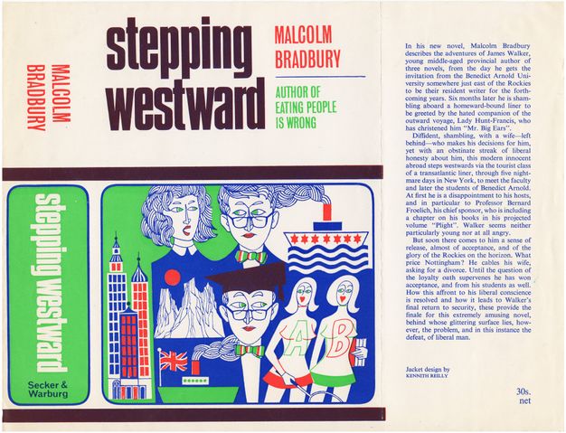 Cover of book. The title and author information are in black, red, or green text. The author Malcolm Bradbury is advertised as the “Author of Eating People Is Wrong”. An illustration of people, steamboats, rocky cliffs, and skyscrapers appears on the right drawn in blue, green and red.