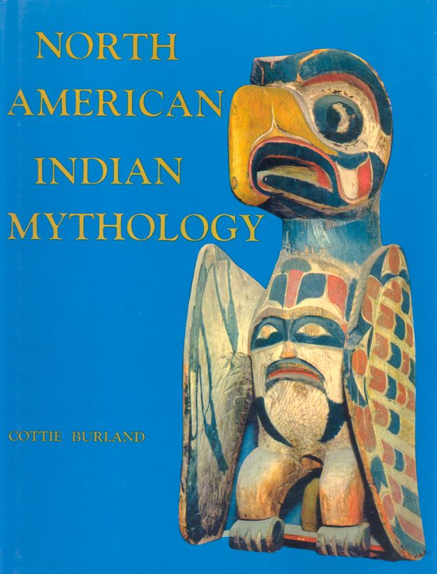 Cover of book. A painted wooden sculpture of an eagle is against a lapis-blue background. The title and author are in yellow text. The eagle is painted with patterns mostly red and blue.