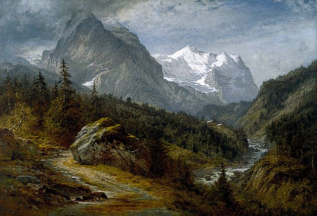 Painting. Tree-covered mountains rise from a river that winds into the distance. Rocky, snow-capped mountains rise steeply into the ice-blue sky in the distance. Clouds brush the top of the tallest peak, to our left.