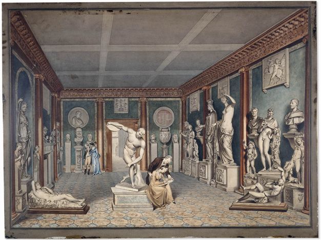 Watercolour. White sculptures line the slate-blue walls of a gallery-like room. Gold-coloured columns along the walls meet elaborately carved moulding. A woman sits drawing on the base of a sculpture in the middle of the room, and a man leans over her shoulder. The sculpture shows a man preparing to throw a discus.