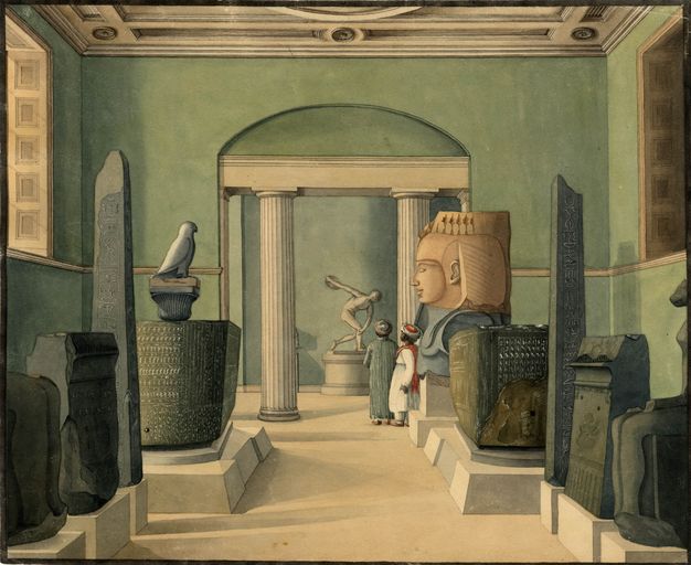 Watercolour. A hall-like gallery with sage-green walls is lined with ancient Egyptian sculptures and antiquities. Two people wearing turbans and long tunics stand at the far end of the space under an arched doorway, looking at a sculpture of a man preparing to throw a discus.