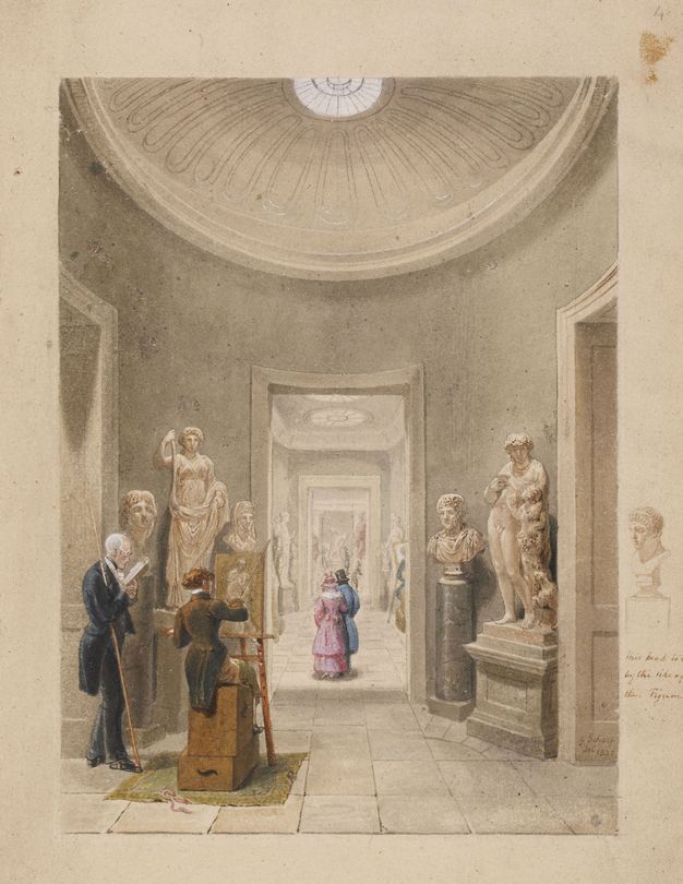 Watercolour. A domed room has three doorways in our view. Long galleries displaying sculptures are visible through telescoping openings ahead of us. Two men read or paint near several classical sculptures in the space we occupy. Men and women walk along the galleries beyond.