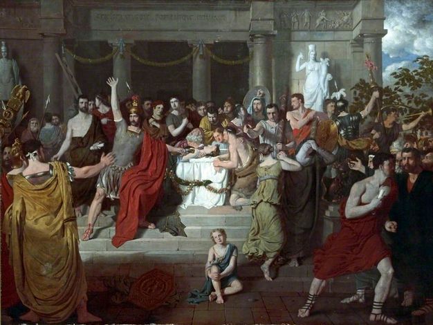 Painting. Men, women, and one child gather around or react to a dead woman on a bier. The people all have pale skin except for one swooning woman whose skin is grey. On the half-staircase in front of the bier, a man wearing a Roman soldier's uniform and red toga plants his feet wide as he lifts on arm high and points to the dead person with the other.