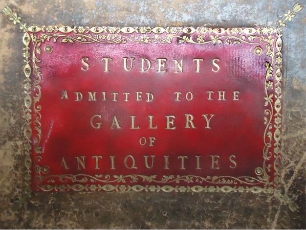 Cover of a book. Detail view of an embossed panel on a leather-bound book. The panel is crimson red against the fawn-brown of the cover. The book’s title is in gold.