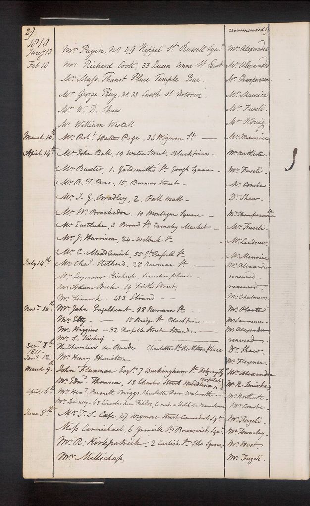 Handwritten register. Three columns capture the date, name of the visitor, and a name under a column titled “recommended by”. The date range captured here begins on “Jany 13” 1810 and ends “June 8th”.