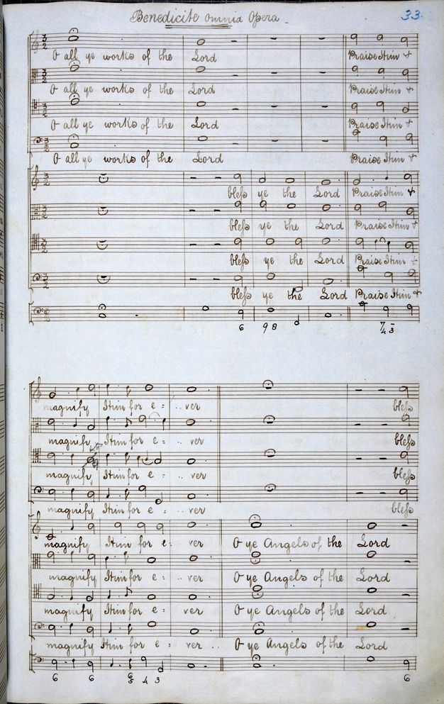 Sheet music. Handwritten vocal score is titled “Benedicto Omnia Opera”.