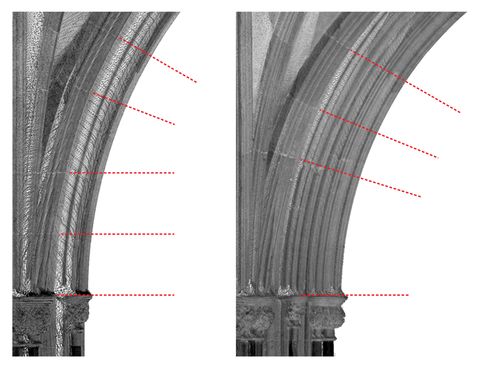 Diagrams. Two black and white photographs of springing stones, where the arch curves up from the base, are each marked with dotted red lines to show the angles towards a central point, out of view, at several places along its length.