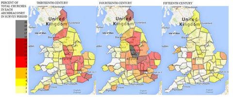 Diagrams. Three colour-coded maps of the United Kingdom are labelled “Thirteenth Century”, “Fourteenth Century”, and “Fifteenth Century”. A scale down the left side is light yellow at the bottom where it measures 1. It moves up through orange, red, dark red, and grey to 20. Text above this reads, “Percent of Total Churches in Each Archdeaconry in Survey Period”.
