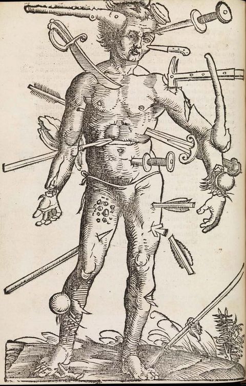 Print. A muscular man is poked, sliced, stabbed, and bludgeoned with knifes, clubs, a hammer, swords, canon balls, and arrows. Both hands are almost severed at the wrists.