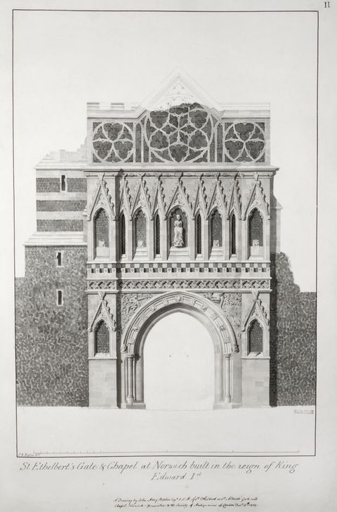 Illustration. This greyscale image, which appears to be rendered finely in watercolour, shows a church gate has a wide, shallowly pointed arch on the lowest level. A gallery-like level above has five arches with a person in the centre one. Windows above and walls to each side of the gate are more loosely drawn in.