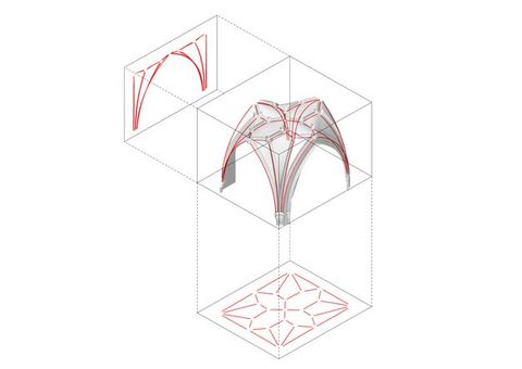Digital model. Greyscale rendering shows the underside of a ribbed vault in Wells Cathedral. Red lines drawn over the model are close but do not directly overlap the ribs. A cube drawn around the vault leads to a plan of the ribbing, also in red lines, as if on a flat ground below. A cube added to one side leads to a projection of the red lines, which now show the elevation view of the vault.
