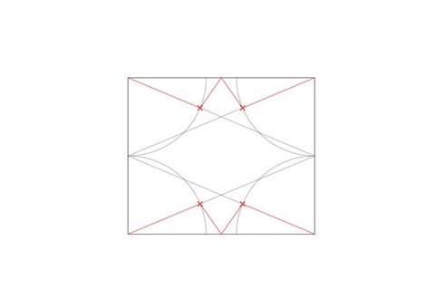 Diagram. Two wide grey X’es create zigzags in a rectangle. A red X, reaching into all four corners, is overlaid on the first pattern to mark the centre of the rectangle.