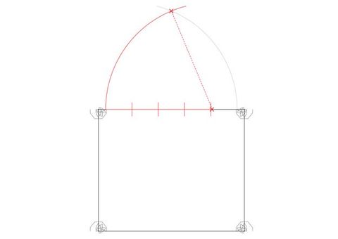 Diagram. A pointed arch is drawn above a square. The top edge of the square is marked with four red ertical lines at even intervals. The lefthand arc of the arch is red. An X at the apex is connected to the rightmost red vertical line on the square with a dotted line.