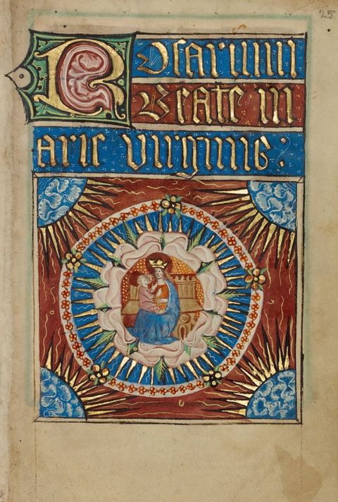 Illumination. A woman wearing a crown, the Virgin Mary, holds a baby, the Christ child. They both have red halos and are surrounded by the petals of an open white rose. Sunbursts and ruffled patterns in burgundy red, azure blue, and shiny gold fill the page below gold text above.