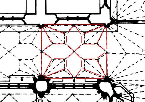 Plan. Detail of one bay in the aisle of Wells Cathedral. Measured distances are indicated in black. Red lines come close to but do not exactly overlap the black.