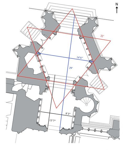 Plan. Footprint of the porch and nearby structure of St Mary Redcliffe Church shows how the inner space of the porch is hexagonal. Red lines trace the angles to create a six-sided star that overlays the plan.