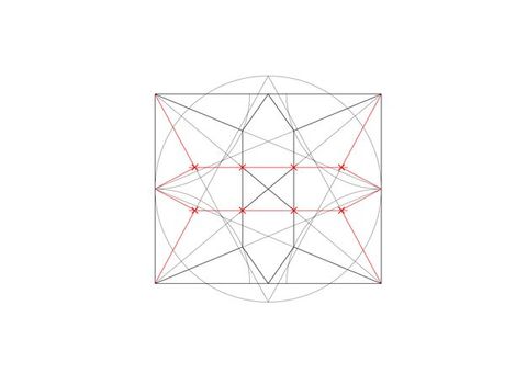 Diagram. Two tall grey X’es create zigzags in a rectangle. A grey circle, taller than the rectangle, intersects with the centre of each side. Red lines follow the X-ed lines from the corners to where they intersect with the curving lines. Then the red lines angle into sideways V’es to meet the left and right sides of the rectangle. Two vertical black lines cross the centre. Two horizontal lines across the centre are marked with eight X’es where they intersect the black or grey lines.